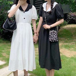 Puff-sleeve Collared A-line Midi Dress