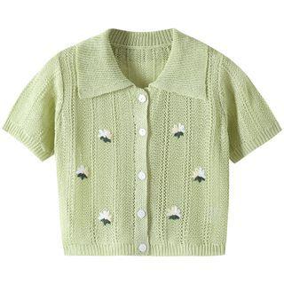 Collared Embroidered Cropped Cardigan