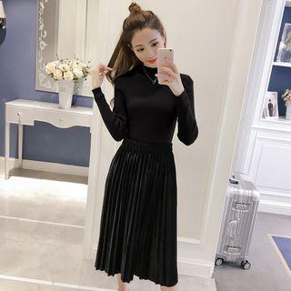 Set: Mock-neck Sweater + Accordion Pleat Velvet Skirt