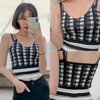 V-neck Spaghetti-strap Plaid Knit Top One Size