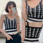 V-neck Spaghetti-strap Plaid Knit Top One Size