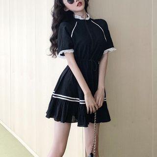 Short-sleeve Lace Trimmed Dress Black - One Size