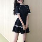 Short-sleeve Lace Trimmed Dress Black - One Size