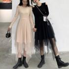 Long-sleeve Cold Shoulder Irregular Mesh Overlay A-line Dress
