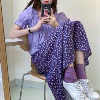 Short-sleeve Shirred Blouse / Floral Print Midi A-line Skirt