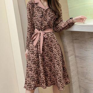 Notch Lapel Floral Print Long-sleeve A-line Midi Dress