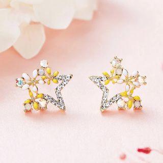Rhinestone Flower Star Earring 1 Pair - Silver Steel - As Shown In Figure - One Size