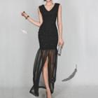 Sequined Sleeveless V-neck Evening Gown