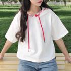 Embroidered Hooded Elbow-sleeve T-shirt