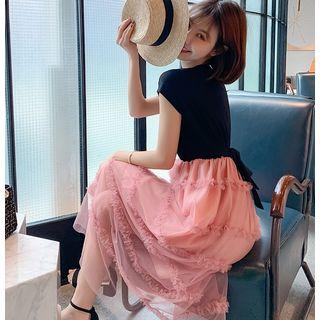 Short-sleeve Ruffled Mesh A-line Dress