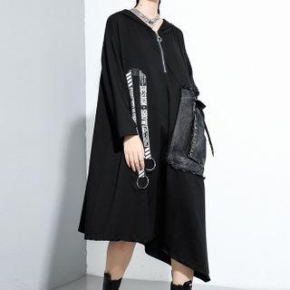 Lettering Long-sleeve Asymmetric Midi A-line Dress Black - One Size