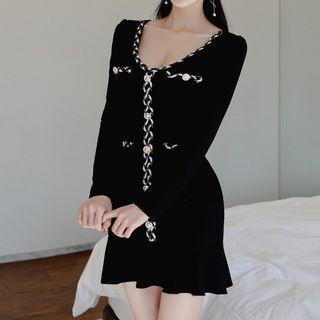 Long-sleeve Contrast Trim Ruffle Hem Mini Sheath Dress