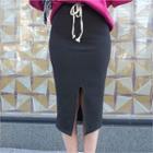 Drawstring-waist Slit Fleece-lined Pencil Skirt