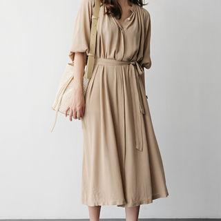 Open-placket Hidden-button Dress With Sash