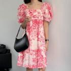 Square-neck Floral Midi Dress White & Pink - One Size