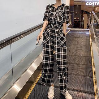 Short Sleeve Hooded Plaid Jumpsuit