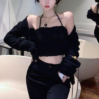 Set: Halter-neck Fleece Cropped Camisole Top + Shrug