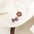 Asymmetrical Floral Stud Earring 1 Pair - S925 Silver - Brown - One Size