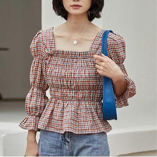 Long-sleeve Square-neck Plaid Peplum Top