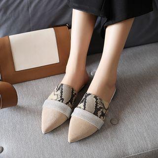 Snakeskin Pattern Panel Pointy Flat Mules