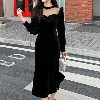 Choker-neck Plain Midi A-line Dress