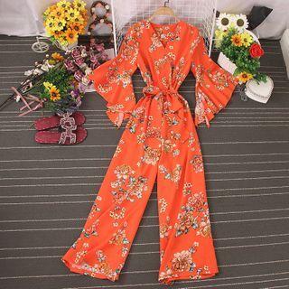 V-neck Tie-waist Floral Wide-leg Jumpsuit
