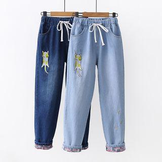 Cat Embroidery Baggy Jeans