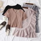 Set: V-neck Plain T-shirt + Ruffled Gingham A-line Skirt