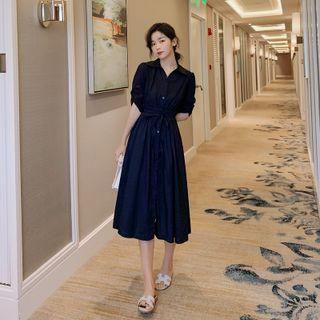 Tie-waist Midi A-line Shirtdress Navy Blue - S