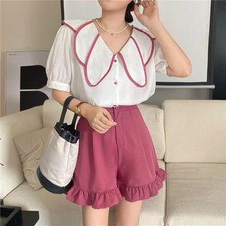 Puff-sleeve Collar Blouse / Ruffled Wide Leg Shorts