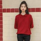 Elbow-sleeve Knit Polo Shirt Wine Red - One Size