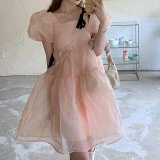 Puff-sleeve Square-neck Midi A-line Dress / Chain