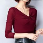 Long-sleeve V-neck Twisted Top