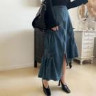 Zipped Shirred Denim Long Skirt Blue - One Size