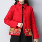 Flower Embroidered Cropped Padded Coat