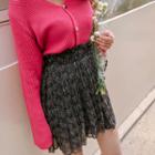 Paperbag-waist Pleated Floral Chiffon Miniskirt