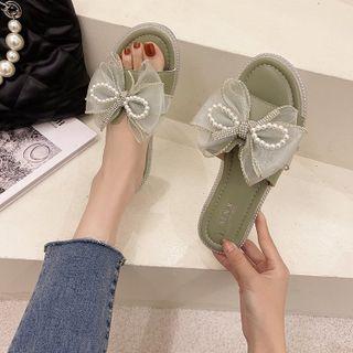Faux Pearl Mesh Bow Flat Slide Sandals