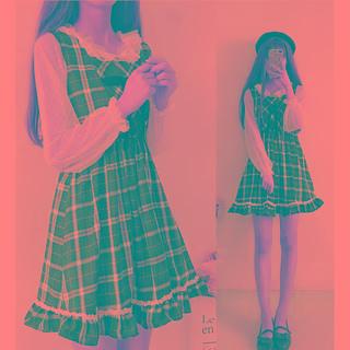 Long-sleeve Mesh Top / Plaid Overall Dress