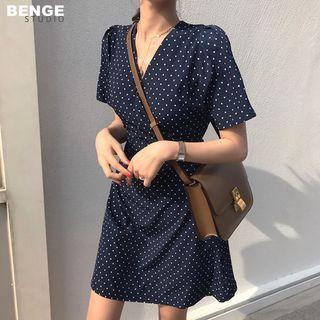 Short Sleeve V-neck Dotted A-line Dress