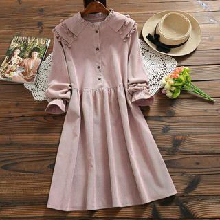 Long-sleeve Frill-trim A-line Corduroy Dress