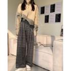 Buttoned Turtleneck Sweater / Plaid Wide Leg Pants