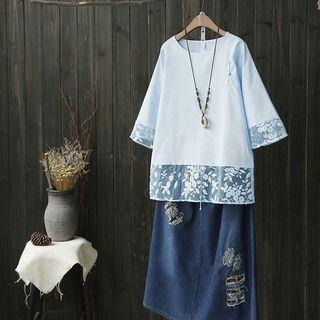 Elbow-sleeve Tulle Panel Top