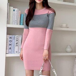 Long-sleeve Two-tone Knit Mini Bodycon Dress Pink & Gray - One Size