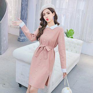 Long-sleeve Contrast Trim Buttoned Knit Dress