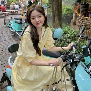 Short-sleeve Sailor Collar Blouse / Striped Midi A-line Skirt