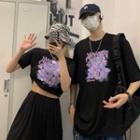 Couple Matching Short-sleeve Rabbit Print Cropped T-shirt / Short-sleeve Rabbit Print T-shirt