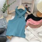 Cross Halter Off-shoulder Cropped Knit Tank Top