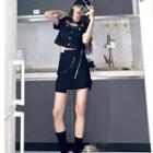 Square Neckline Short-sleeve Top / High Waist Cargo Skirt