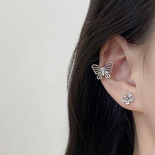 Set: Flower Stud Earring + Butterfly Ear Cuff Set Of 3 Pcs - Silver - One Size