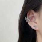 Set: Flower Stud Earring + Butterfly Ear Cuff Set Of 3 Pcs - Silver - One Size